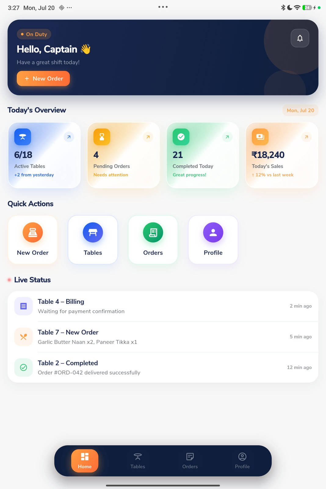 StayNexa Captain App — Waiters take orders at the table